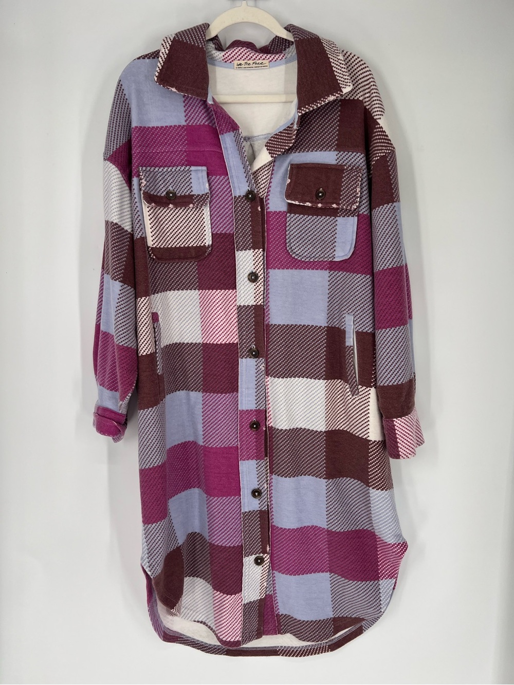 Free People Long Ruby Purple Cream Blue Plaid Soft Collared Shacket Jacket XS